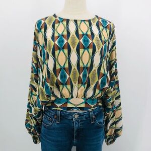 Zara Boho Batwing Top Size M Silky Long Sleeve Open Back Tie Vibrant Blue Green
